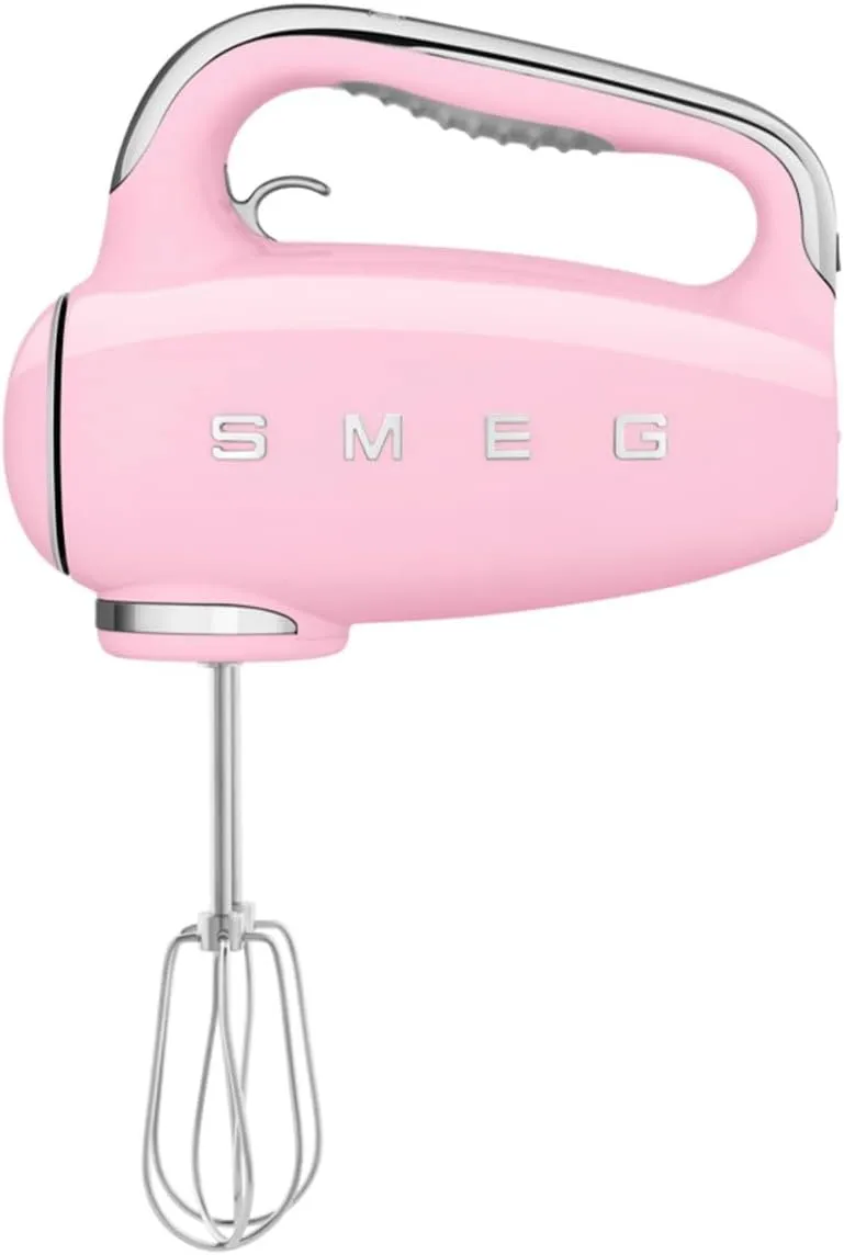 SMEG Pink 50's Retro Style Electric Hand Mixer with Set of Dough Hooks, Set of Beaters, and Set of Whisks