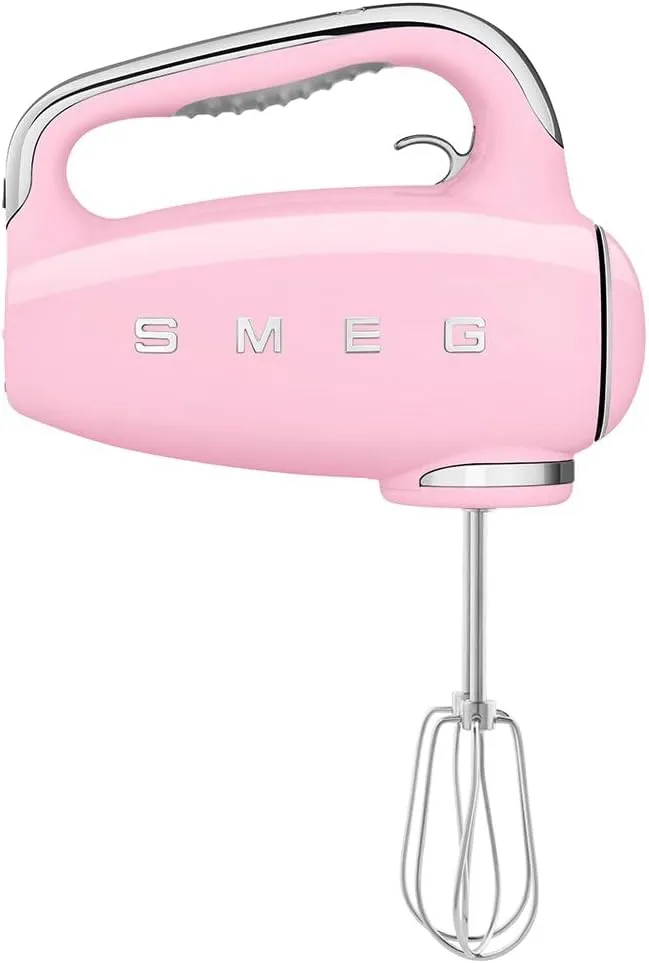 SMEG Pink 50's Retro Style Electric Hand Mixer with Set of Dough Hooks, Set of Beaters, and Set of Whisks