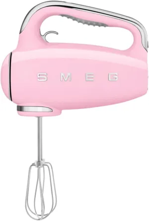 SMEG Pink 50's Retro Style Electric Hand Mixer with Set of Dough Hooks, Set of Beaters, and Set of Whisks