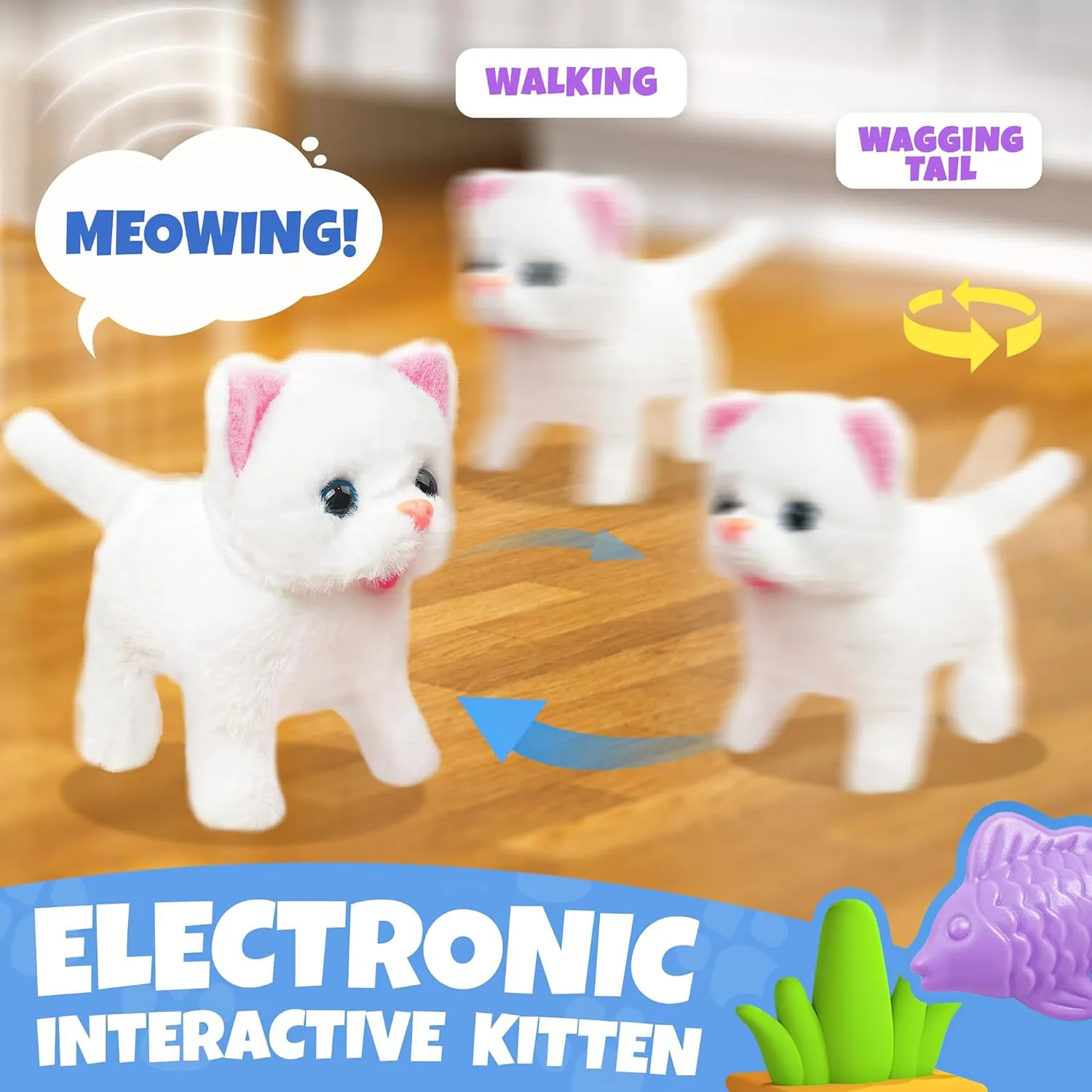SMILESSKIDDO Meow Kitty Toys for Girls - Electronic Walking Cat with Wagging Tail, Storage Cage and Accessories, Interactive Pet Care Playset, Gifts for Toddlers 1 2 3 4 5 6 Year Old