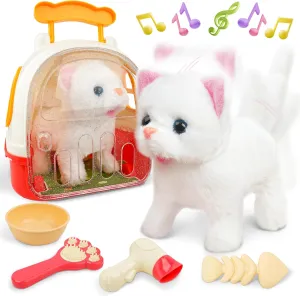 SMILESSKIDDO Meow Kitty Toys for Girls - Electronic Walking Cat with Wagging Tail, Storage Cage and Accessories, Interactive Pet Care Playset, Gifts for Toddlers 1 2 3 4 5 6 Year Old