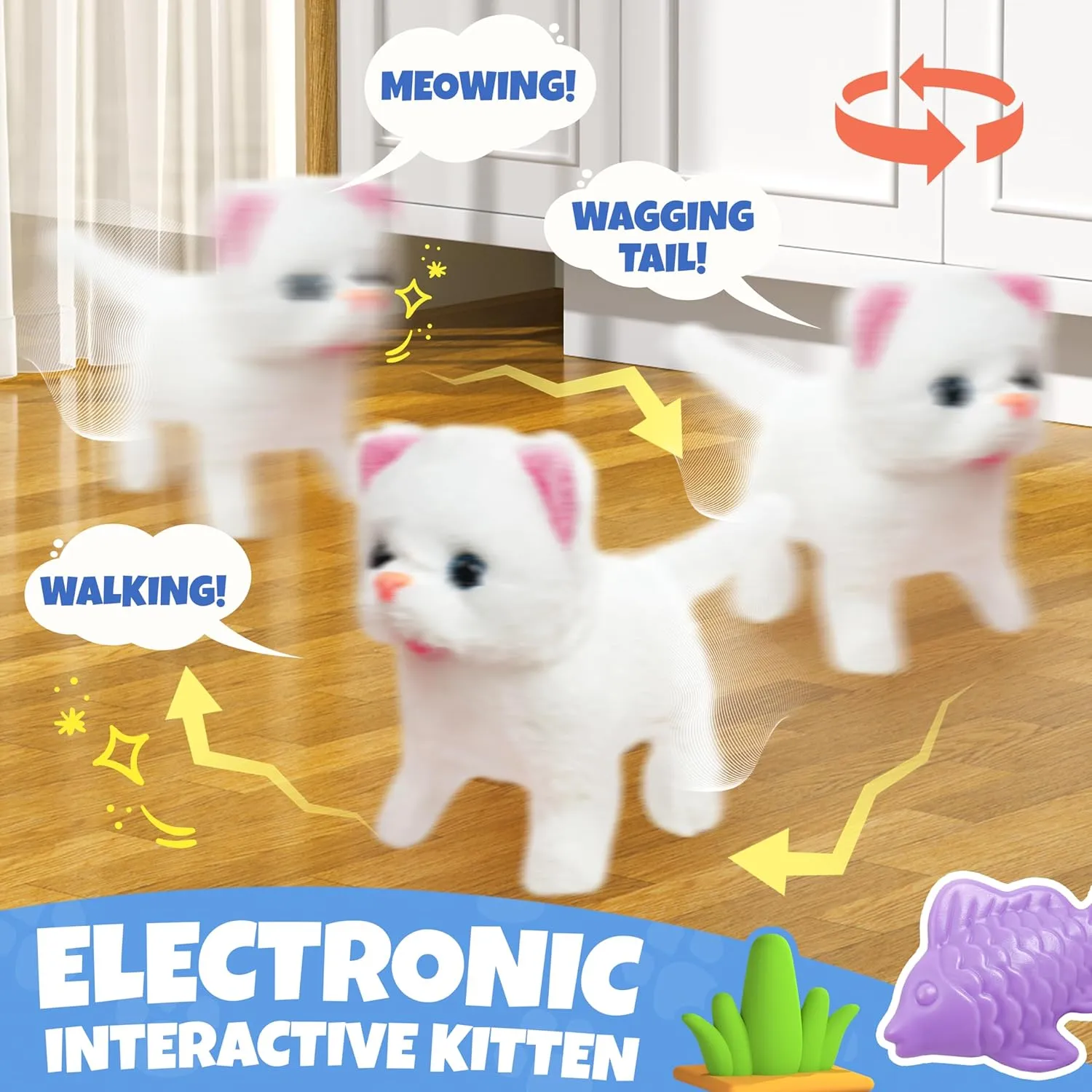 SMILESSKIDDO Walking Cat Toys for Girls - Electronic Kitty Meow with Wagging Tail, Storage Cage and Accessories, Interactive Pet Care Playset, Gifts for Toddlers 1 2 3 4 5 6 Year Old
