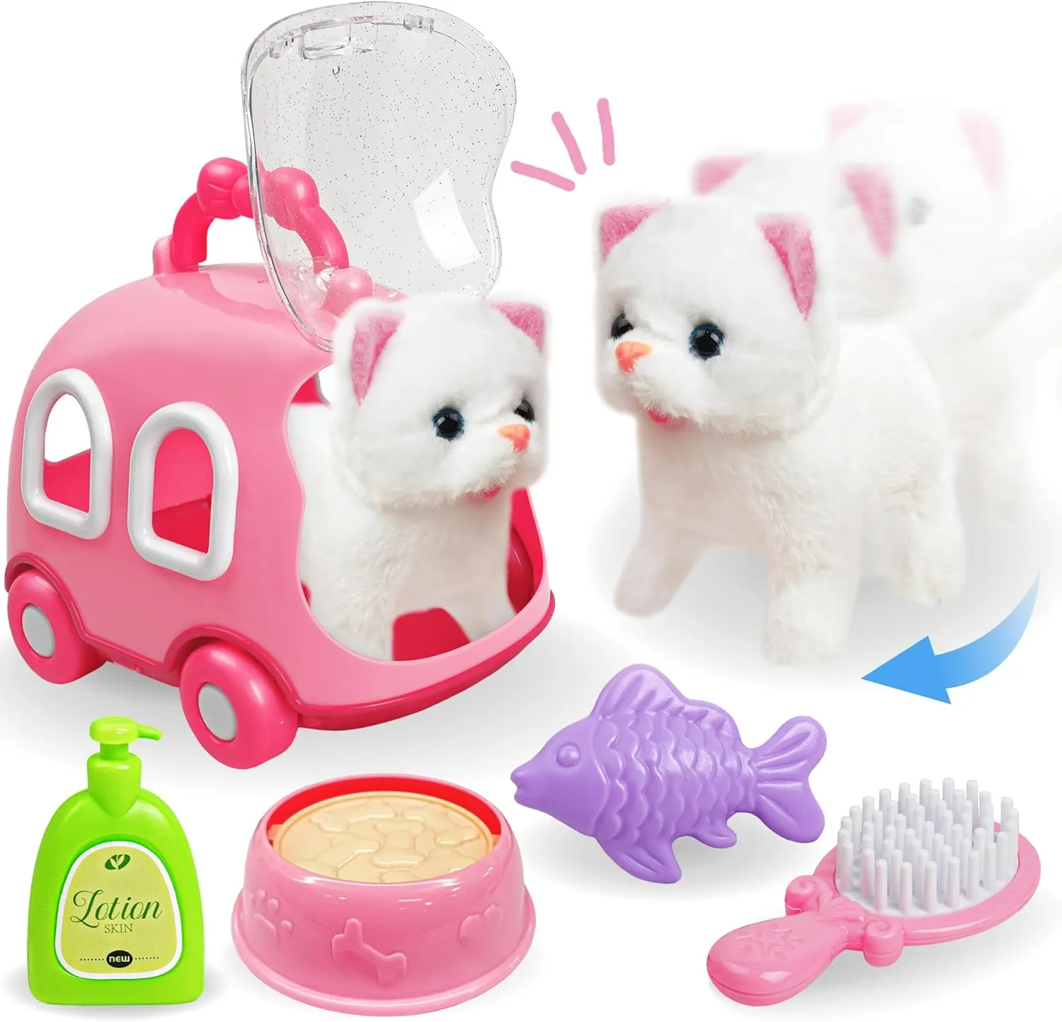 SMILESSKIDDO Walking Cat Toys for Girls - Electronic Kitty Meow with Wagging Tail, Storage Cage and Accessories, Interactive Pet Care Playset, Gifts for Toddlers 1 2 3 4 5 6 Year Old