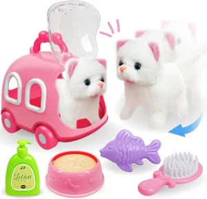 SMILESSKIDDO Walking Cat Toys for Girls - Electronic Kitty Meow with Wagging Tail, Storage Cage and Accessories, Interactive Pet Care Playset, Gifts for Toddlers 1 2 3 4 5 6 Year Old