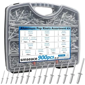 smseace 900Pcs Pop Rivets Assortment Kit 14-Sizes (3/32 inch1/8 inch5/32 inch3/16 inch1/4 inch) Assorted Blind Rivets for Metal,Furniture,Automotive,Instrument Packed in Handheld Box
