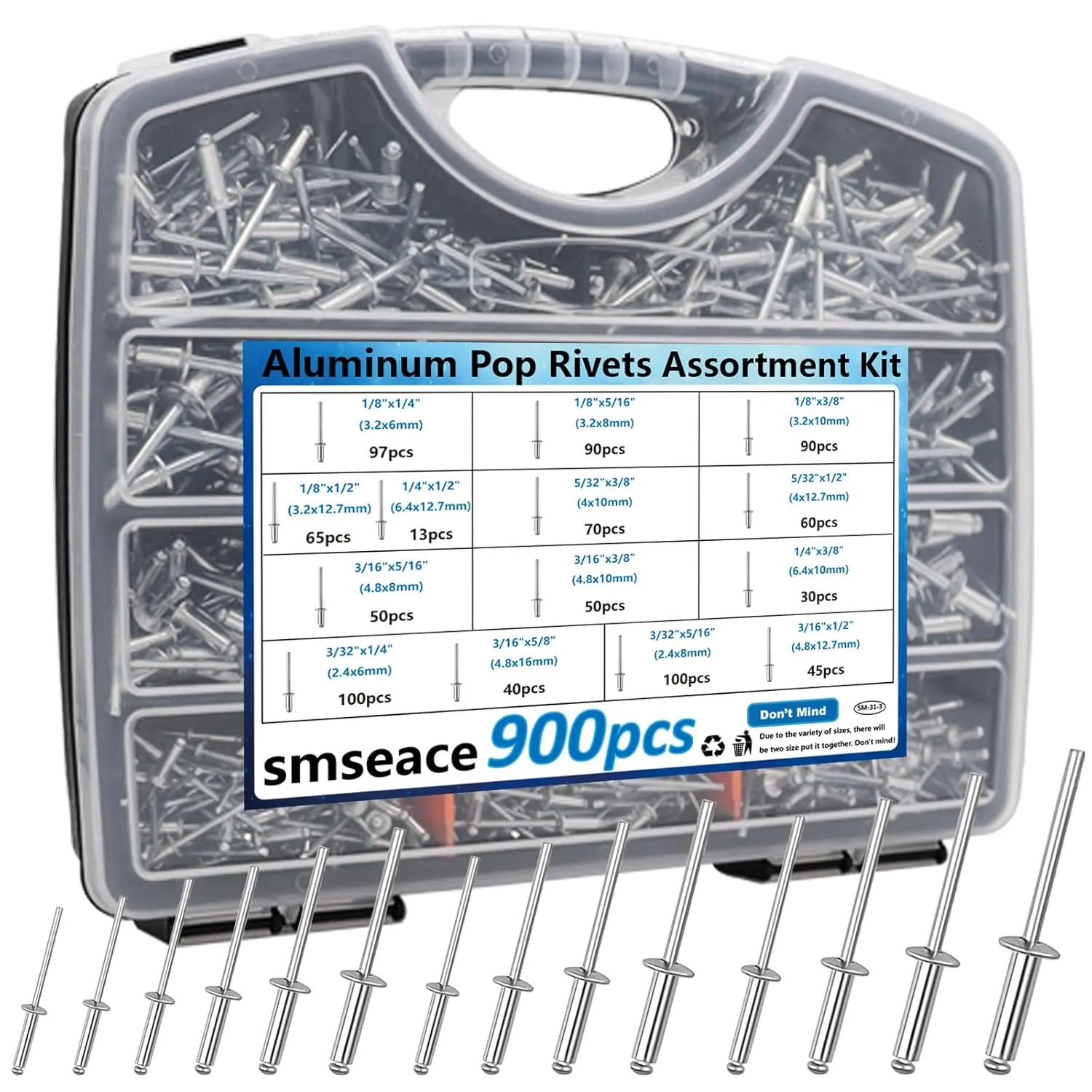 smseace 900Pcs Pop Rivets Assortment Kit 14-Sizes (3/32 inch1/8 inch5/32 inch3/16 inch1/4 inch) Assorted Blind Rivets for Metal,Furniture,Automotive,Instrument Packed in Handheld Box