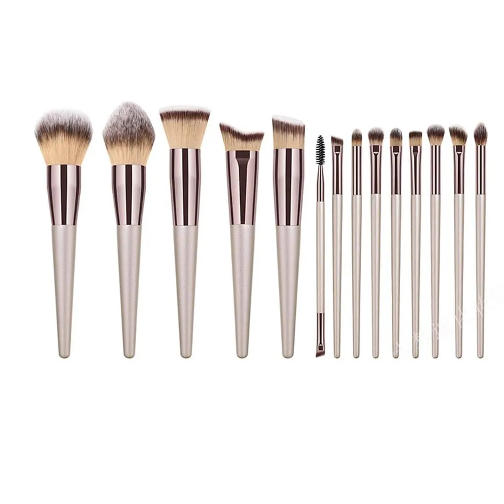 Soft Wooden Handle 14pcs Champagne Gold Makeup Brushes Set Portable Eyeshadow Brushes