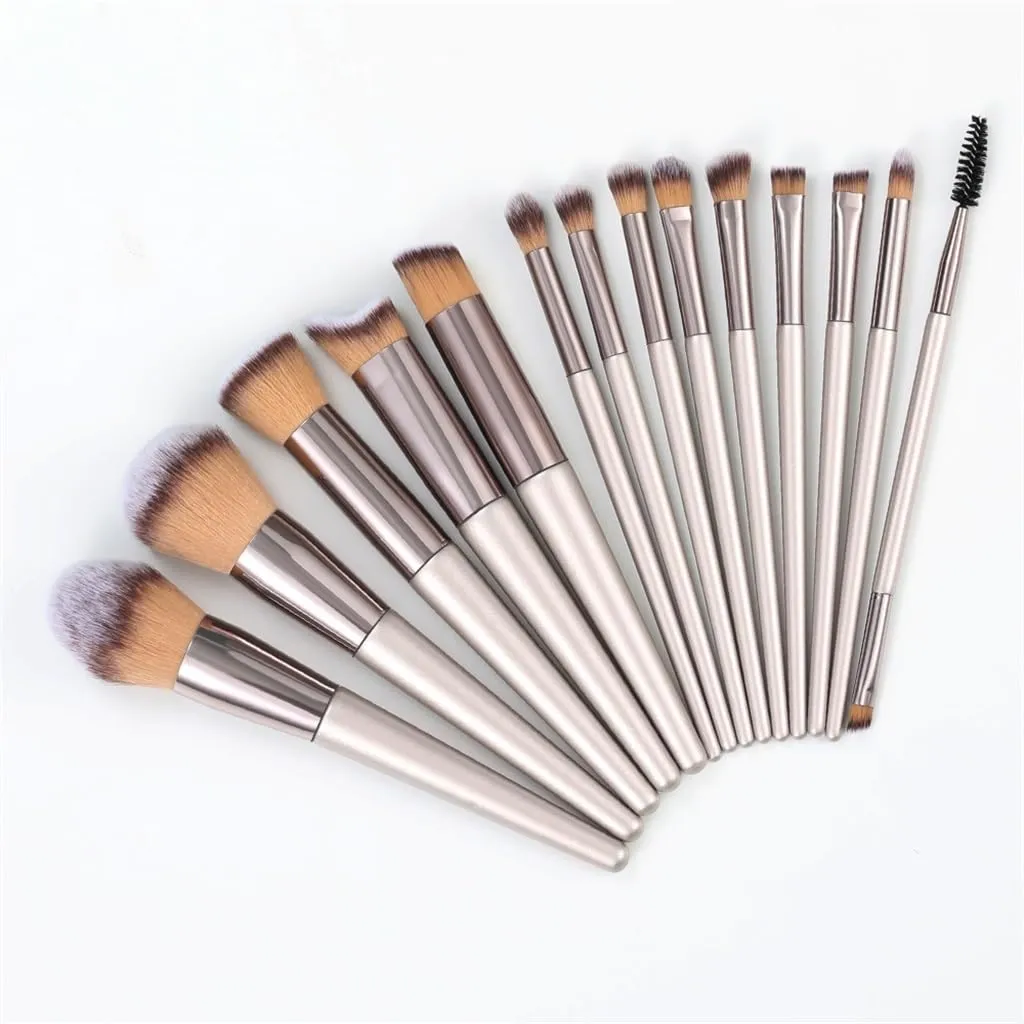 Soft Wooden Handle 14pcs Champagne Gold Makeup Brushes Set Portable Eyeshadow Brushes