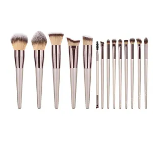 Soft Wooden Handle 14pcs Champagne Gold Makeup Brushes Set Portable Eyeshadow Brushes