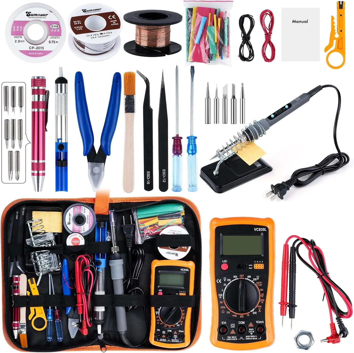 Soldering Iron Kit with Digital Multimeter, 80W LCD Adjustable Temperature 180-480°C Soldering Welding Iron Tools with ON-Off Switch, Soldering Iron Tips Solder Sucker Stand Tweezers Solder Wire