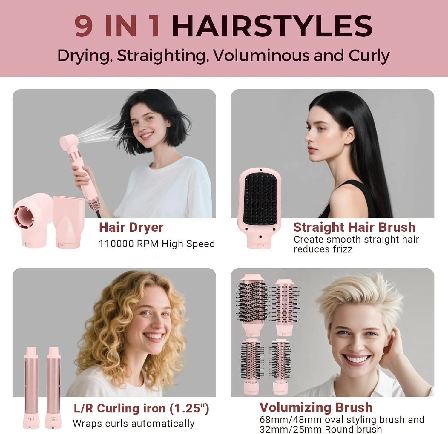 Sonew 9 in 1 Hair Dryer Set Blow Dryer Brush Hot Air Auto Wrap Curler Oval Round Brush Professional 110000 RPM High Speed Negative Ion for Salon-Quality Smooth Shiny Styling