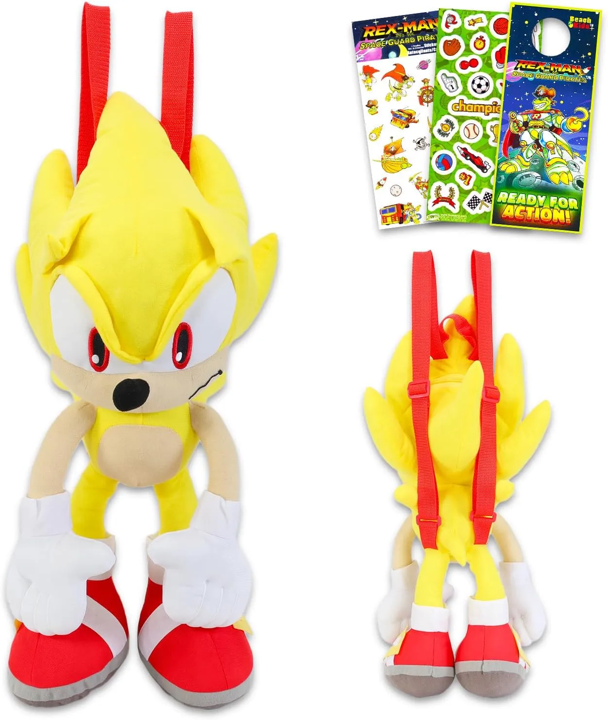 Sonic the Hedgehog Super Sonic Plushie Set - 18" Doll With Carrying Straps, Stickers, More | Gifts for Kids, Boys, Girls