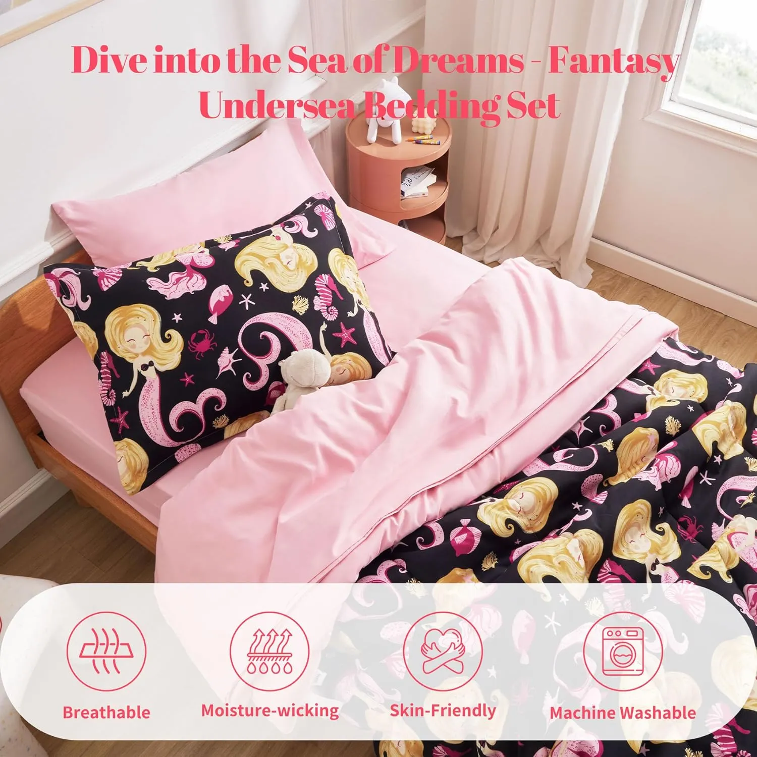 Sonive 5 Pieces Twin Size Kids Comforter Set, 5-Piece Bed in a Bag All-Season Microfiber Kids' Comforter, Fitted Sheet, Flat Sheet, Pillow Shams, Pillowcases for Boys/Girls Dream Seabed
