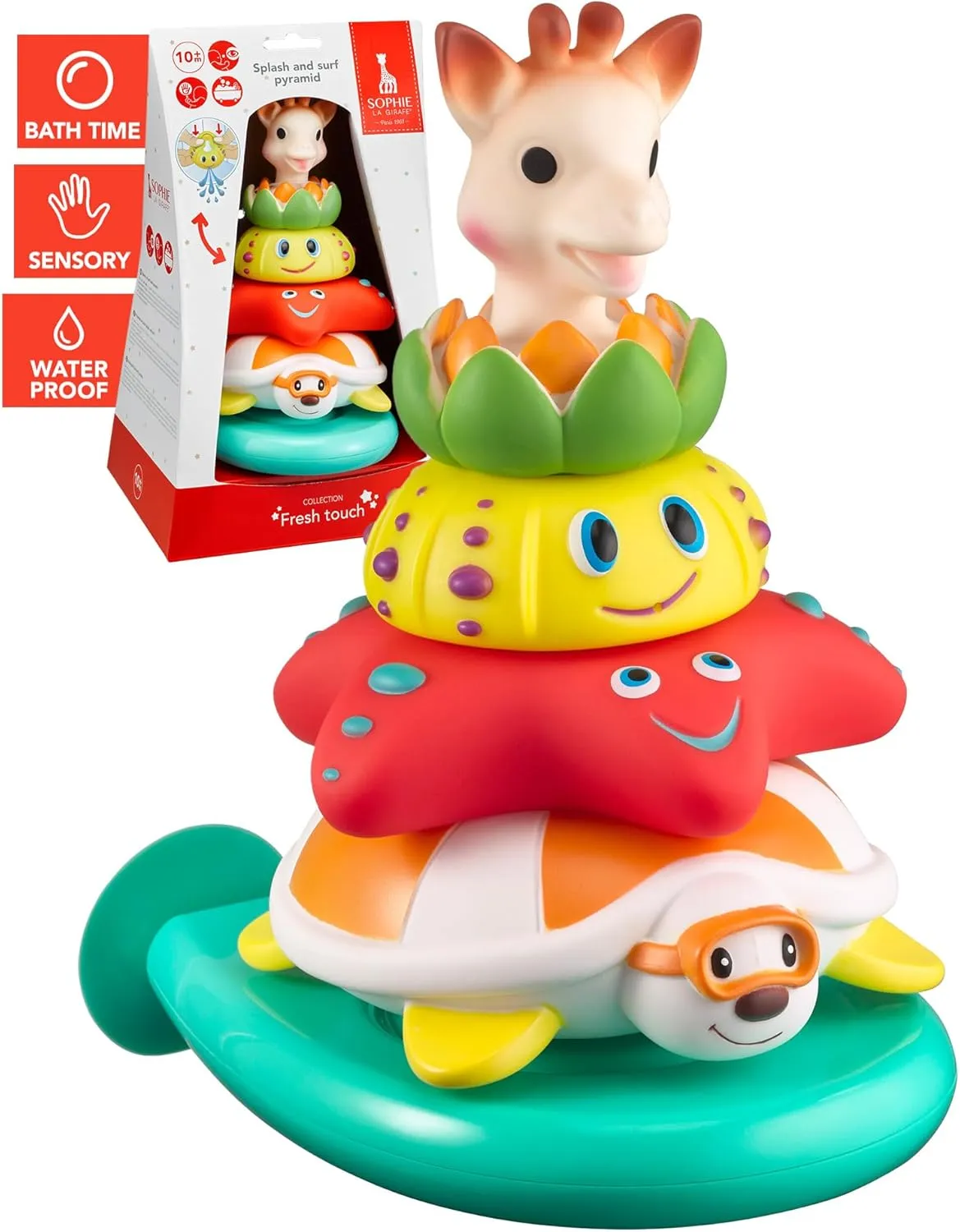 Sophie la girafe Splash & Surf Pyramid | Fun & Colorful Stacking Toy | Animals Spray Water When Pressed | Easy to Clean