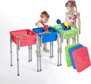 Special Supplies Sensory Activity Table for Kids and Toddlers -with Plastic Buckets and Beach Toys for Interactive Learning - Water, Sand, and STEM Play (Three Buckets - Green   Blue   Red)