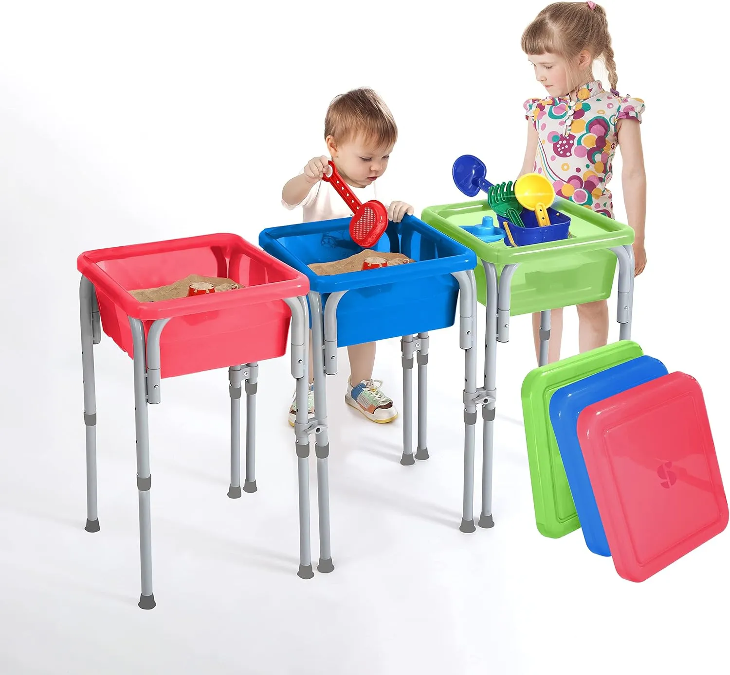 Special Supplies Sensory Activity Table for Kids and Toddlers -with Plastic Buckets and Beach Toys for Interactive Learning - Water, Sand, and STEM Play (Three Buckets - Green   Blue   Red)