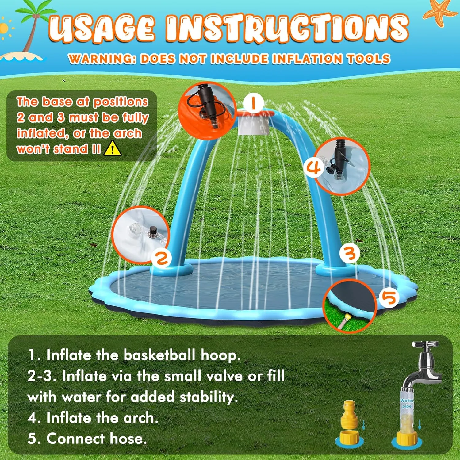 Splash Pad, Non-Slip Sprinkler Mat with Basketball Hoop and Arch for Kids Outdoor Play, Shoot Game for Backyard, Inflatable Water Toys More Fun for Boys and Girls