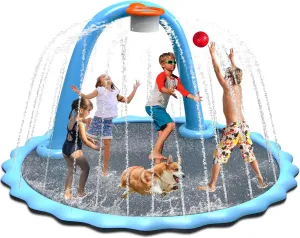 Splash Pad, Non-Slip Sprinkler Mat with Basketball Hoop and Arch for Kids Outdoor Play, Shoot Game for Backyard, Inflatable Water Toys More Fun for Boys and Girls