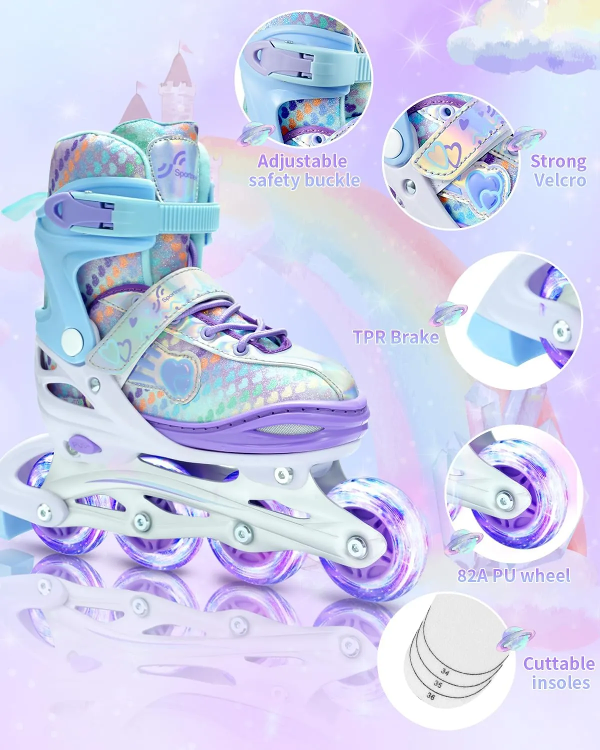 Sportneer 4 Size Adjustable Inline Skates for Girls, Kids Inline Skates Size 12C-9 with Light Up Wheels Roller Blade with Protective Gear Set for Kids Girls Women Beginners Indoor & Outdoor Use