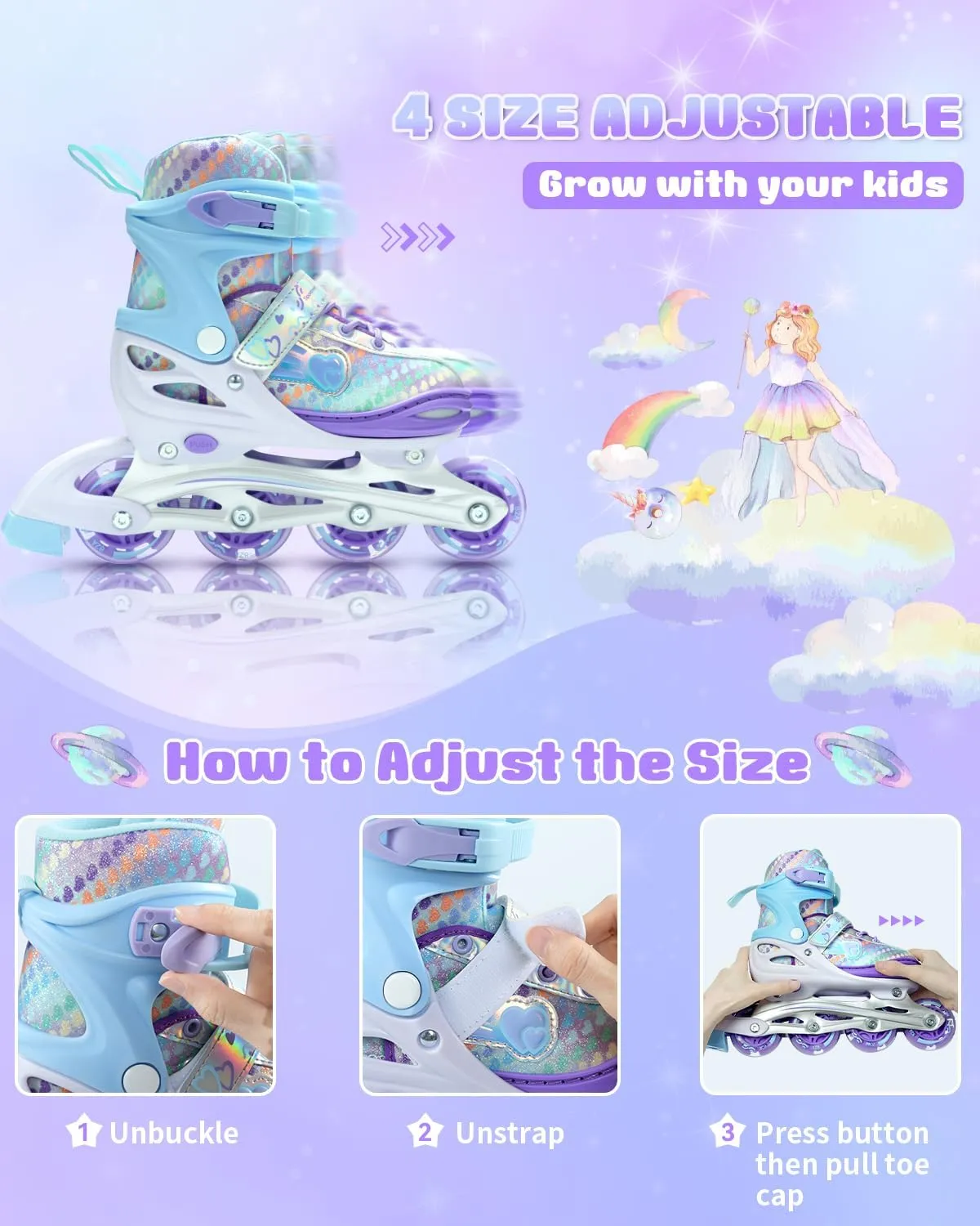 Sportneer 4 Size Adjustable Inline Skates for Girls, Kids Inline Skates Size 12C-9 with Light Up Wheels Roller Blade with Protective Gear Set for Kids Girls Women Beginners Indoor & Outdoor Use