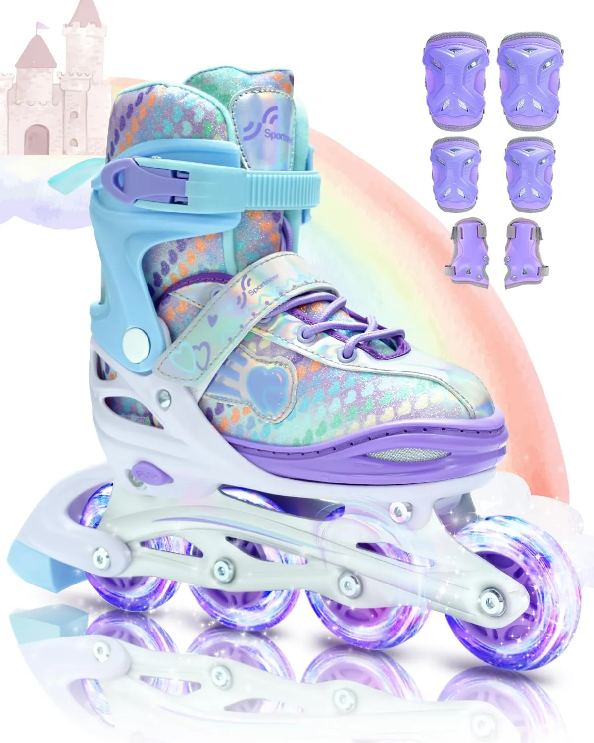 Sportneer 4 Size Adjustable Inline Skates for Girls, Kids Inline Skates Size 12C-9 with Light Up Wheels Roller Blade with Protective Gear Set for Kids Girls Women Beginners Indoor & Outdoor Use
