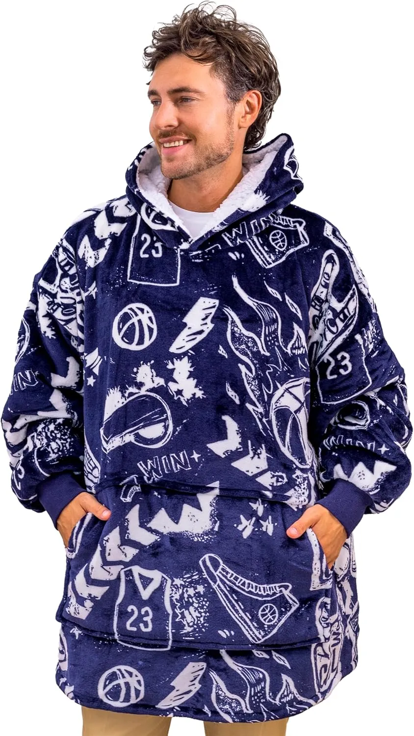 Sports Blanket Hoodie Men & Kids, Oversized Wearable Blanket Kids, Teens, Adults, Soccer & Basketball Hoodie Blanket for Boys