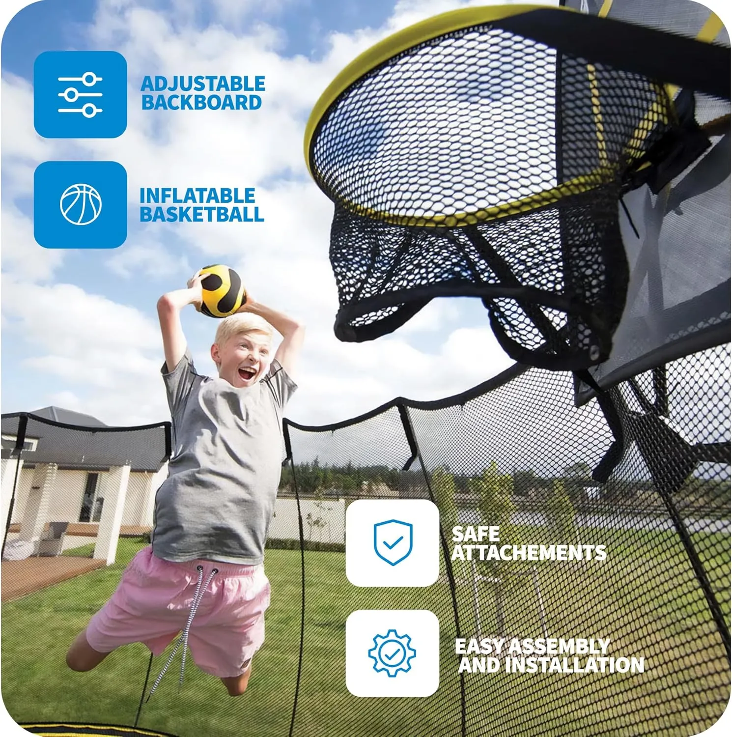 Springfree Trampoline Kids Outdoor Square Trampoline w/Enclosure & Outdoor Jumping Basketball Game FlexrHoop Accessory