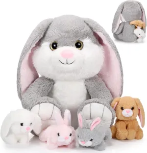 Sratte 5 Pcs Bunny Stuffed Animal Set Large Mommy Bunny Plush with 4 Cute Stuffed Baby Rabbits in Her Belly Soft Cuddly Rabbit Plushies Gift for Birthday Baby Shower Party Favors(Sitting Style)
