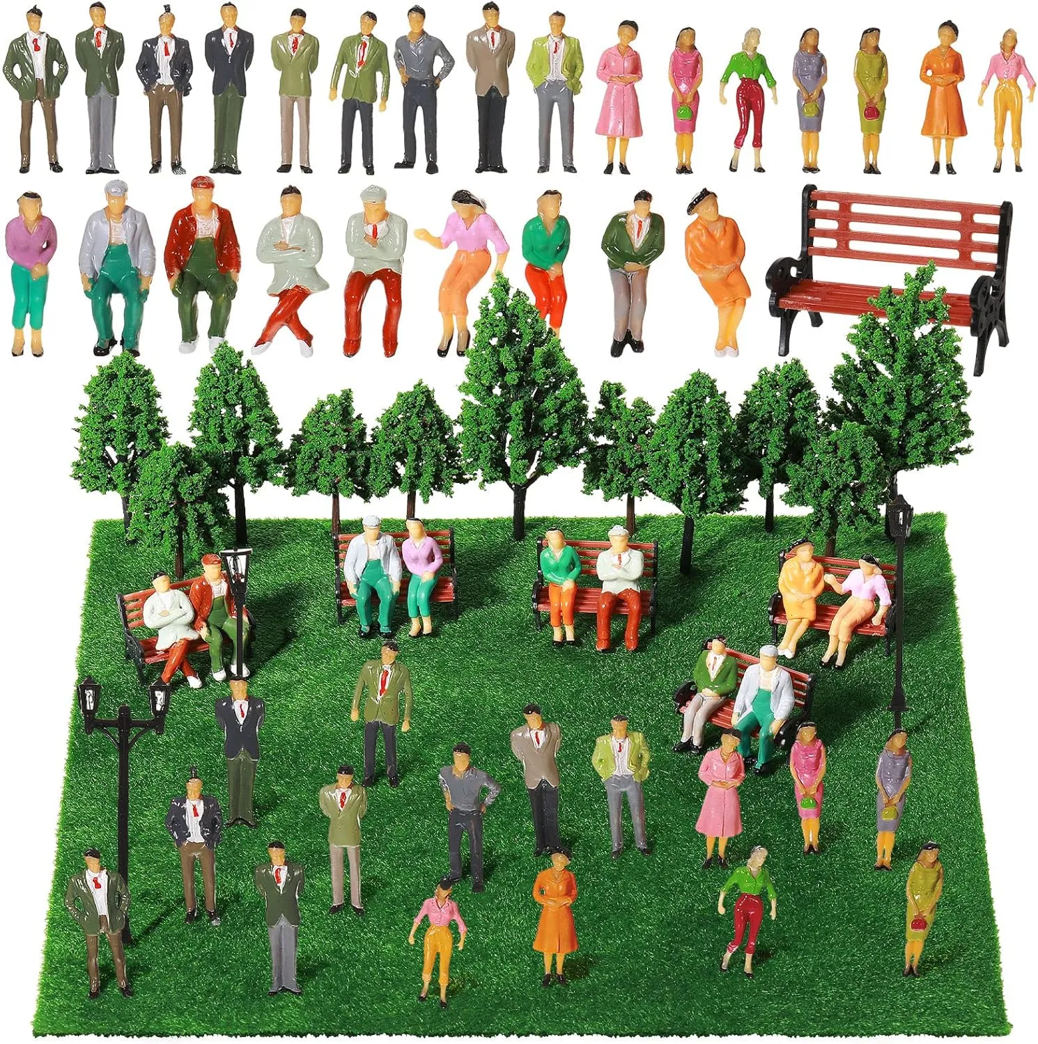 Sratte 55 Pcs Model Trains Architectural 1:50 Scale Painted Figures, Include Miniature Mini People Street Lamps Mixed Model Trees Park Street Seat Fake Grass Diorama Suppliest for Miniature City Scene
