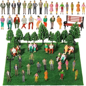 Sratte 55 Pcs Model Trains Architectural 1:50 Scale Painted Figures, Include Miniature Mini People Street Lamps Mixed Model Trees Park Street Seat Fake Grass Diorama Suppliest for Miniature City Scene