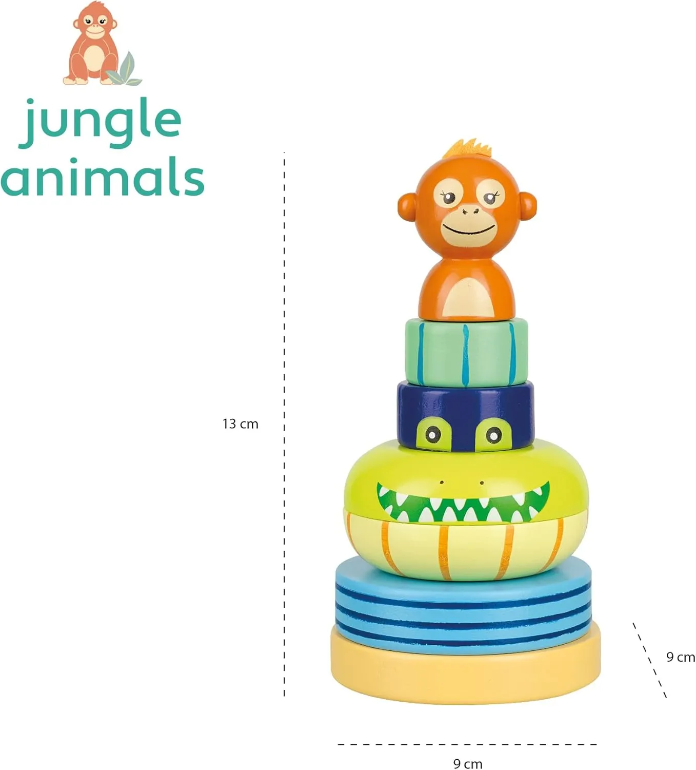 Stacking Ring: Jungle Animals - Wooden Colorful Stacking Puzzle Toy, Size & Motor Skills Developmental Toy, Toddler & Kids, Ages 1 