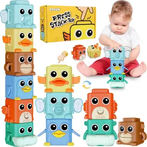 Stacking Toys Set for Toddlers 18  Months, 6 in 1 Infant Sensory Toys with Changing Expressions, Pressable Animal Stacking Blocks, Christmas Birthday Gifts for 1 2 3 4 Years Old Baby Boys Girls