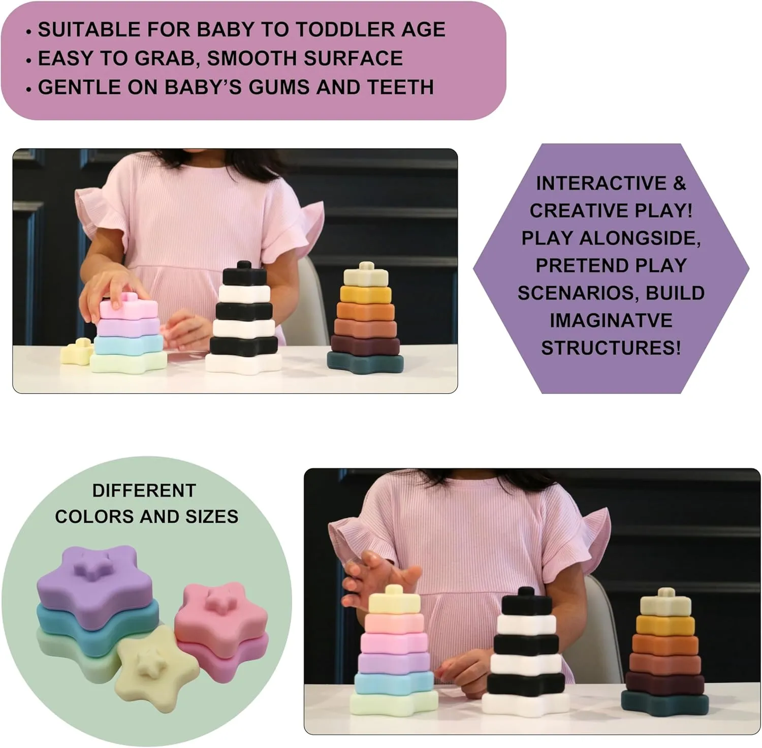 Stacking Toys, Teething Toys, Silicone Soft Building Blocks, Promote Developmental Skills, Early Education for Babies and Toddler 6months 