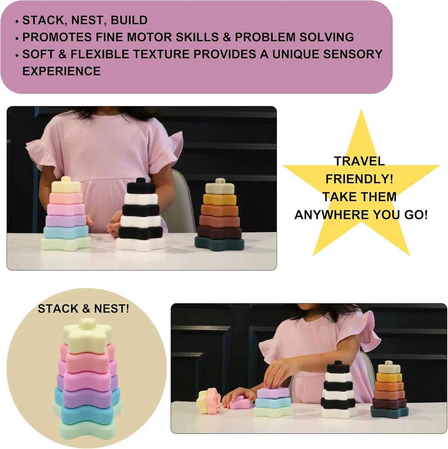 Stacking Toys, Teething Toys, Silicone Soft Building Blocks, Promote Developmental Skills, Early Education for Babies and Toddler 6months 