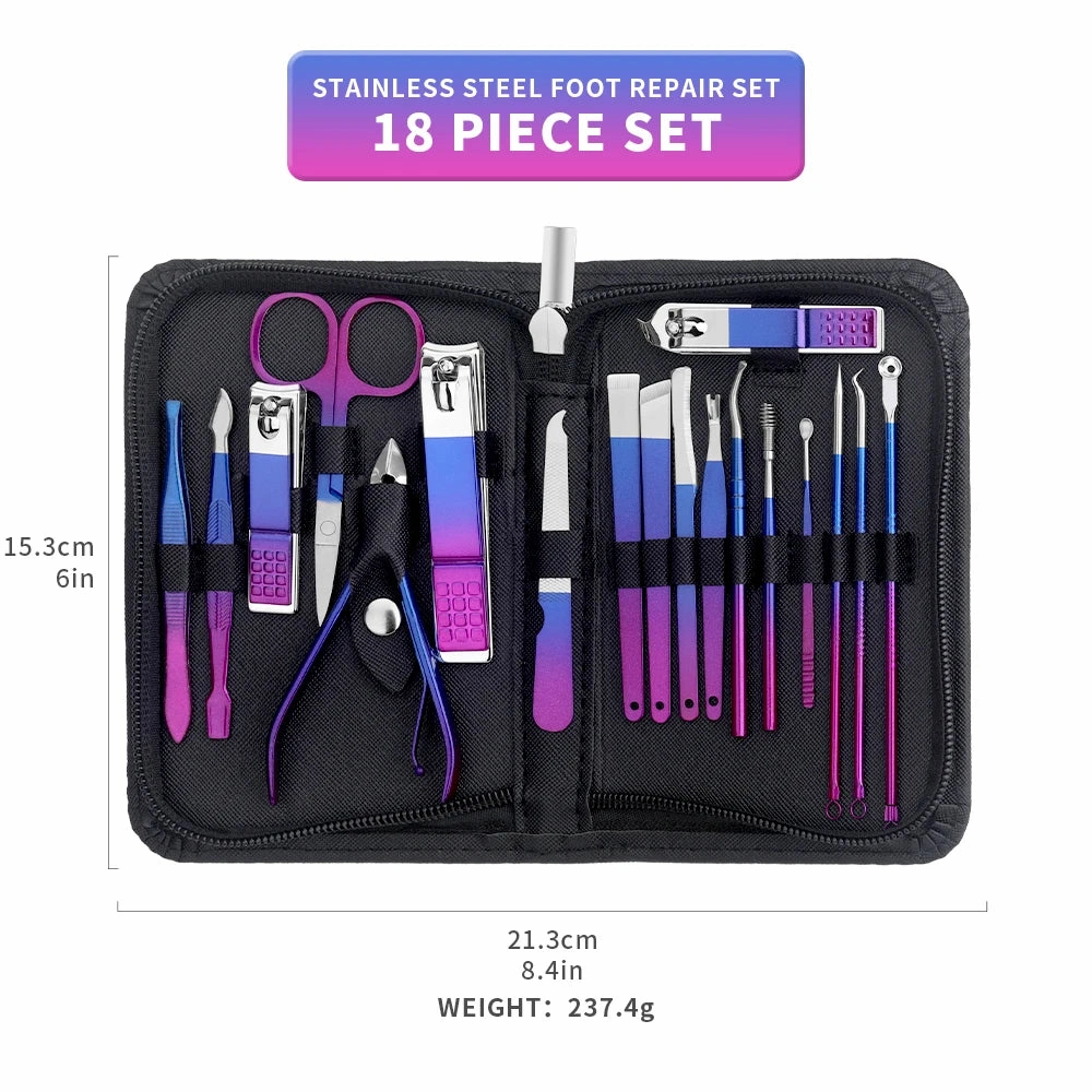 Stainless Steel Gradient Manicure & Pedicure Set – Professional Nail Grooming Kit with Travel Case