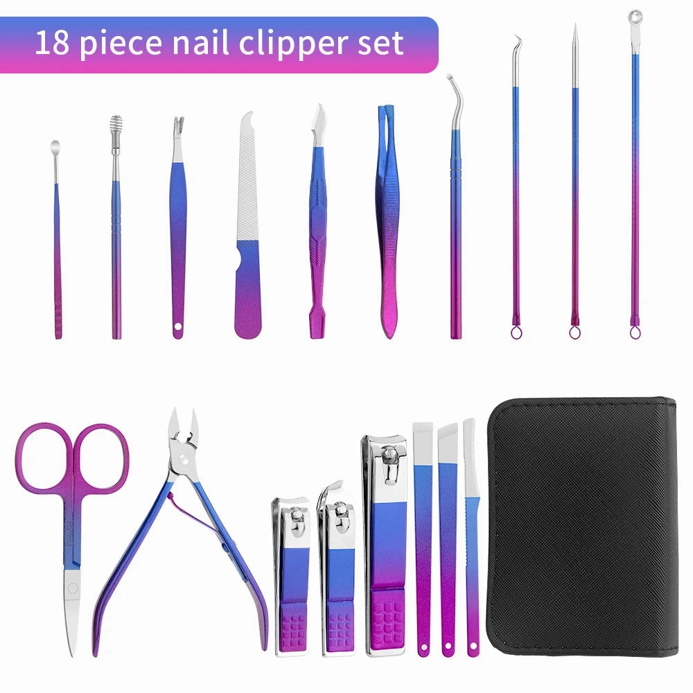 Stainless Steel Gradient Manicure & Pedicure Set – Professional Nail Grooming Kit with Travel Case