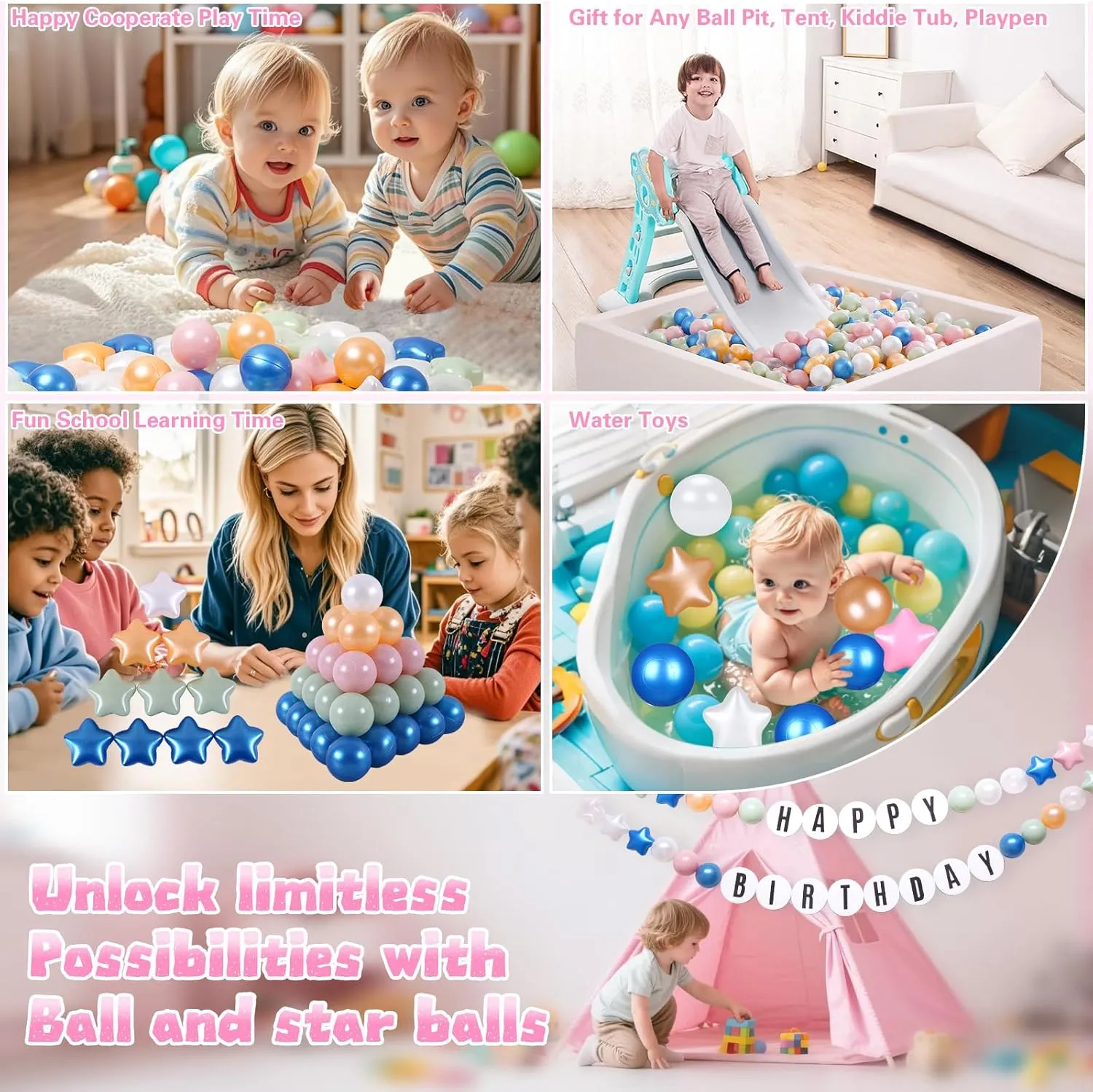 Star Ball Pit Balls for Toddlers Ball Pits, 50 100 200 500 1000 Ball Pit Ball Star Shapes for Kids, Boys Girls Bounce House, Play Tent, Baby Pool, Party Decoration.