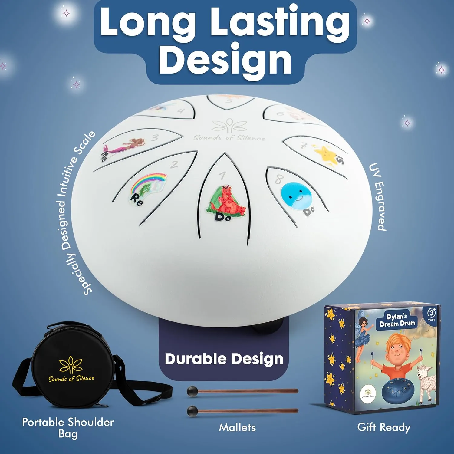 Steel Tongue Drum With Songbook And Bedtime SING-A-LONG Story - Dylan's Dream Drum 3 In 1 Kids Musical Instruments - 6 Inch 8 notes Diatonic Handpan drum