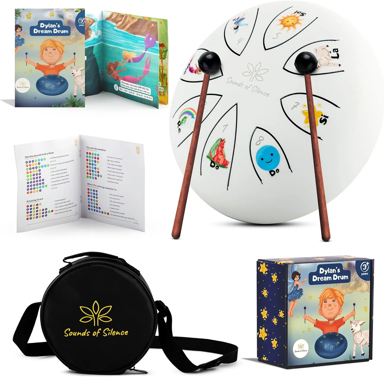 Steel Tongue Drum With Songbook And Bedtime SING-A-LONG Story - Dylan's Dream Drum 3 In 1 Kids Musical Instruments - 6 Inch 8 notes Diatonic Handpan drum