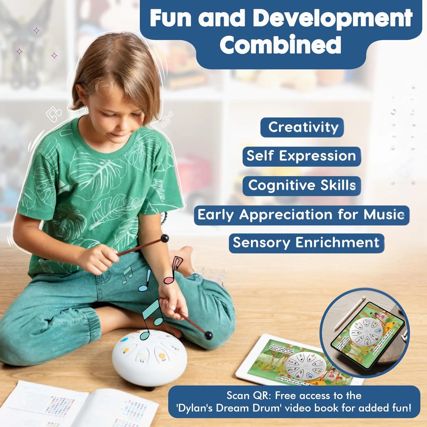 Steel Tongue Drum With Songbook And Bedtime SING-A-LONG Story - Dylan's Dream Drum 3 In 1 Kids Musical Instruments - 6 Inch 8 notes Diatonic Handpan drum