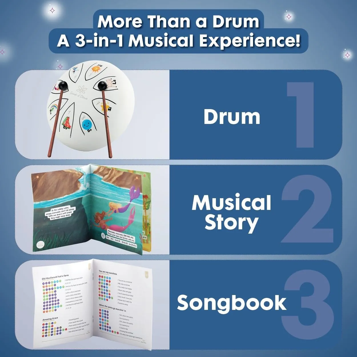 Steel Tongue Drum With Songbook And Bedtime SING-A-LONG Story - Dylan's Dream Drum 3 In 1 Kids Musical Instruments - 6 Inch 8 notes Diatonic Handpan drum