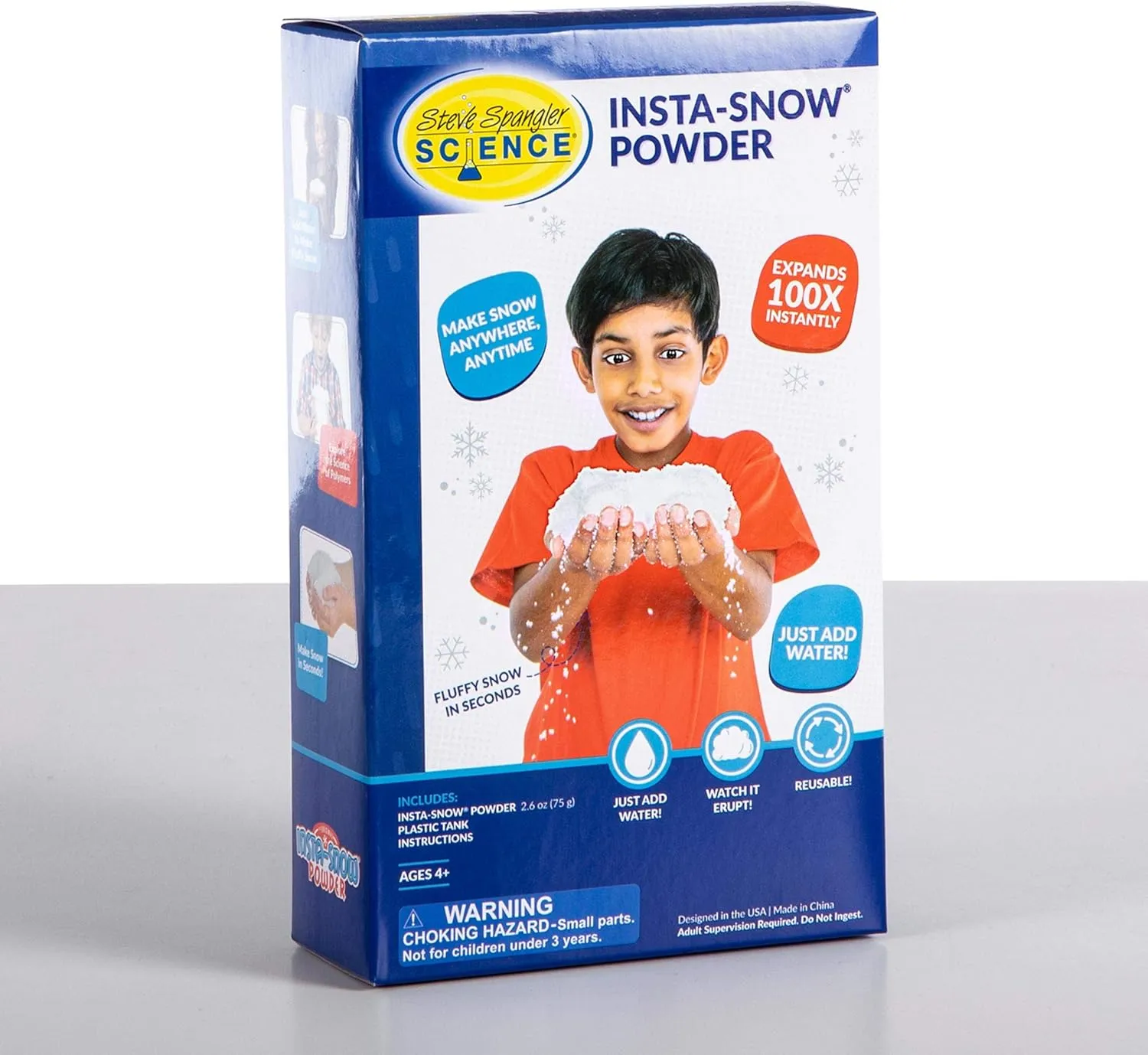 Steve Spangler Science Insta-Snow Powder Starter Kit, 2.6 oz Bag and Plastic Tank – Science Kits for Kids, Makes Realistic, Fluffy Snow in Seconds, Sensory Toys & STEM Activities for Classrooms/Home