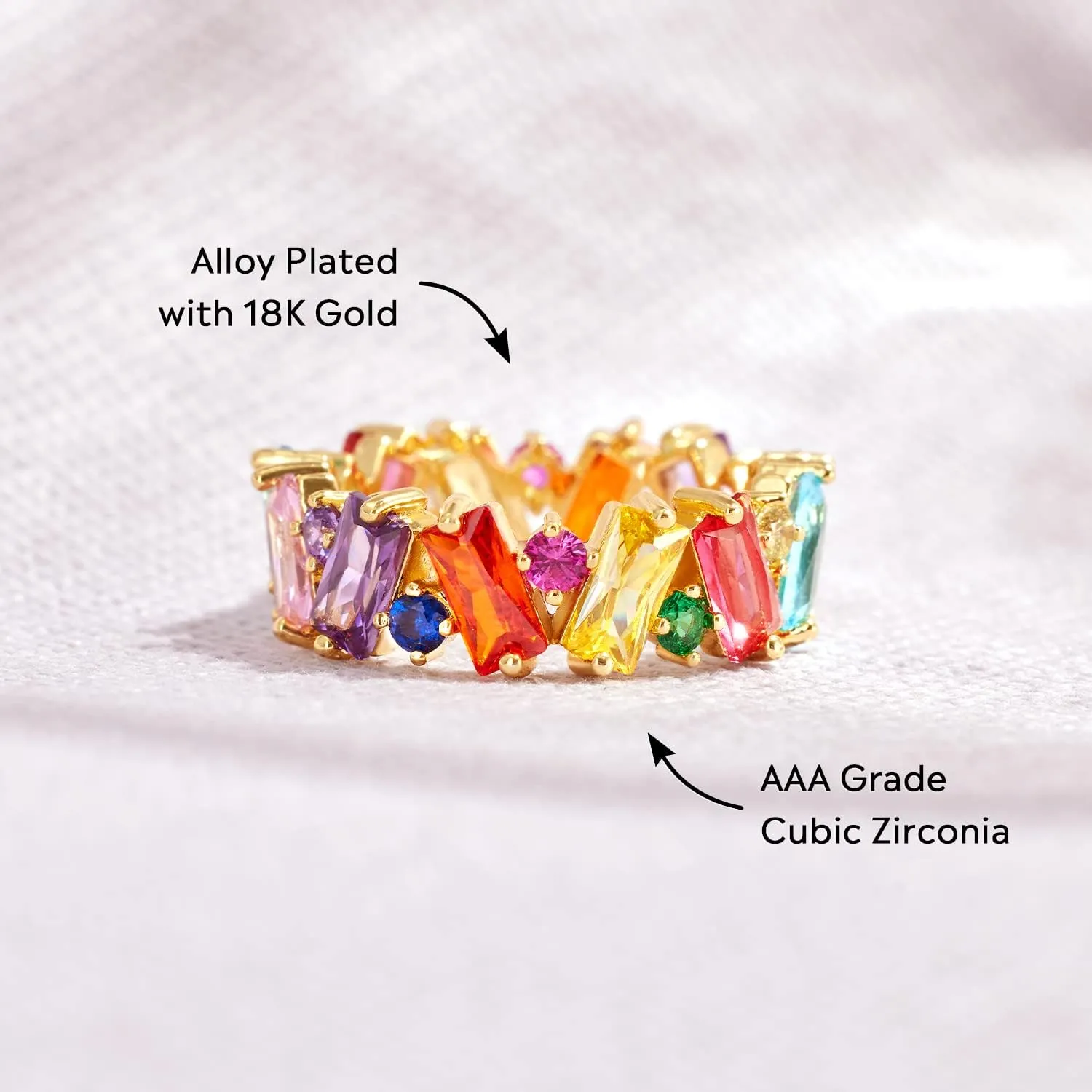 STORYJEWELLERY Rainbow Ring, Colorful Baguette Ring, Eternity Band Rings for Women, Cubic Zirconia Emerald Cut Rings, Rainbow Jewelry, Fashion Gifts for Women