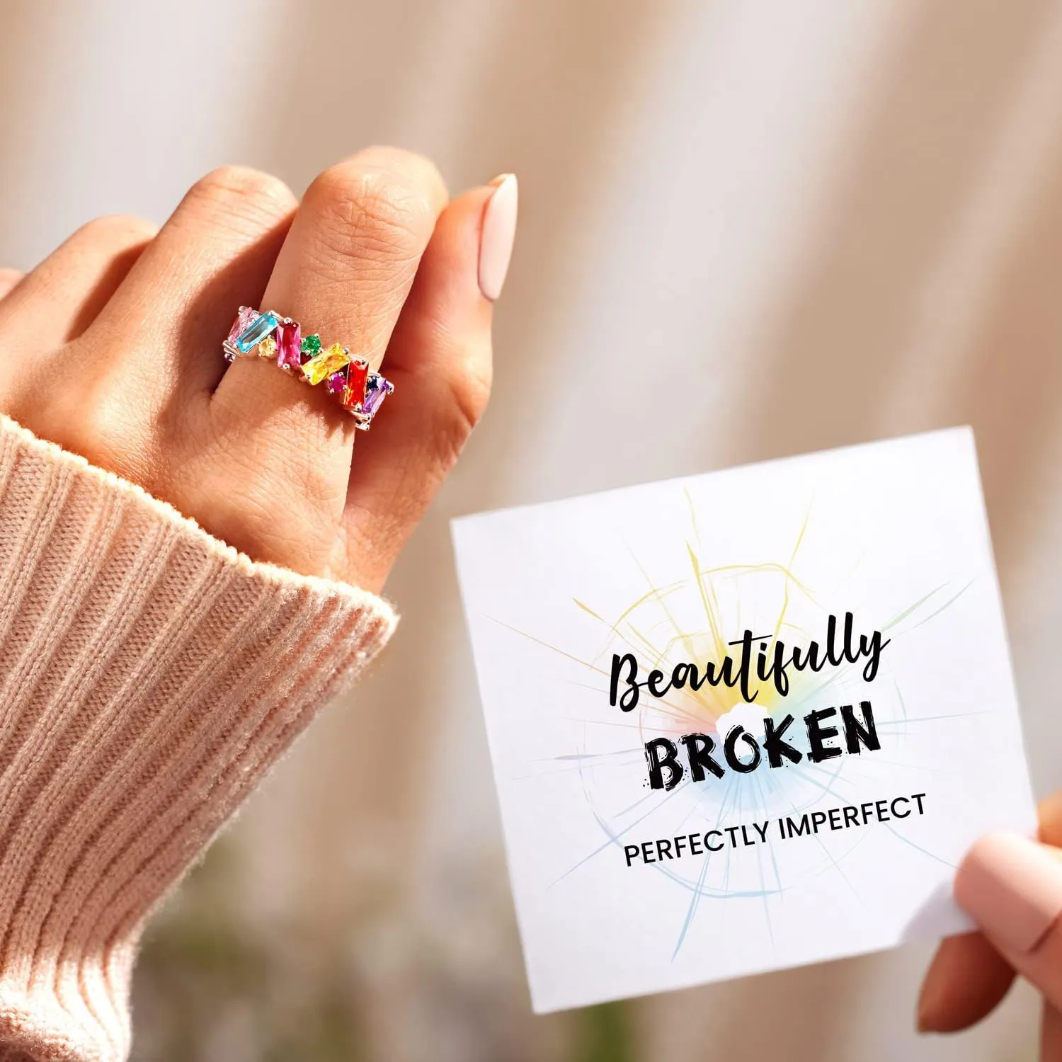 STORYJEWELLERY Rainbow Ring, Colorful Baguette Ring, Eternity Band Rings for Women, Cubic Zirconia Emerald Cut Rings, Rainbow Jewelry, Fashion Gifts for Women