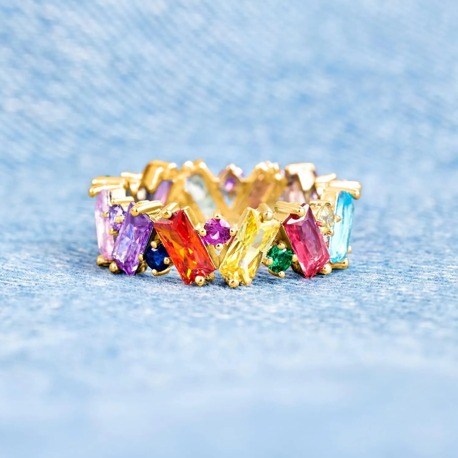 STORYJEWELLERY Rainbow Ring, Colorful Baguette Ring, Eternity Band Rings for Women, Cubic Zirconia Emerald Cut Rings, Rainbow Jewelry, Fashion Gifts for Women