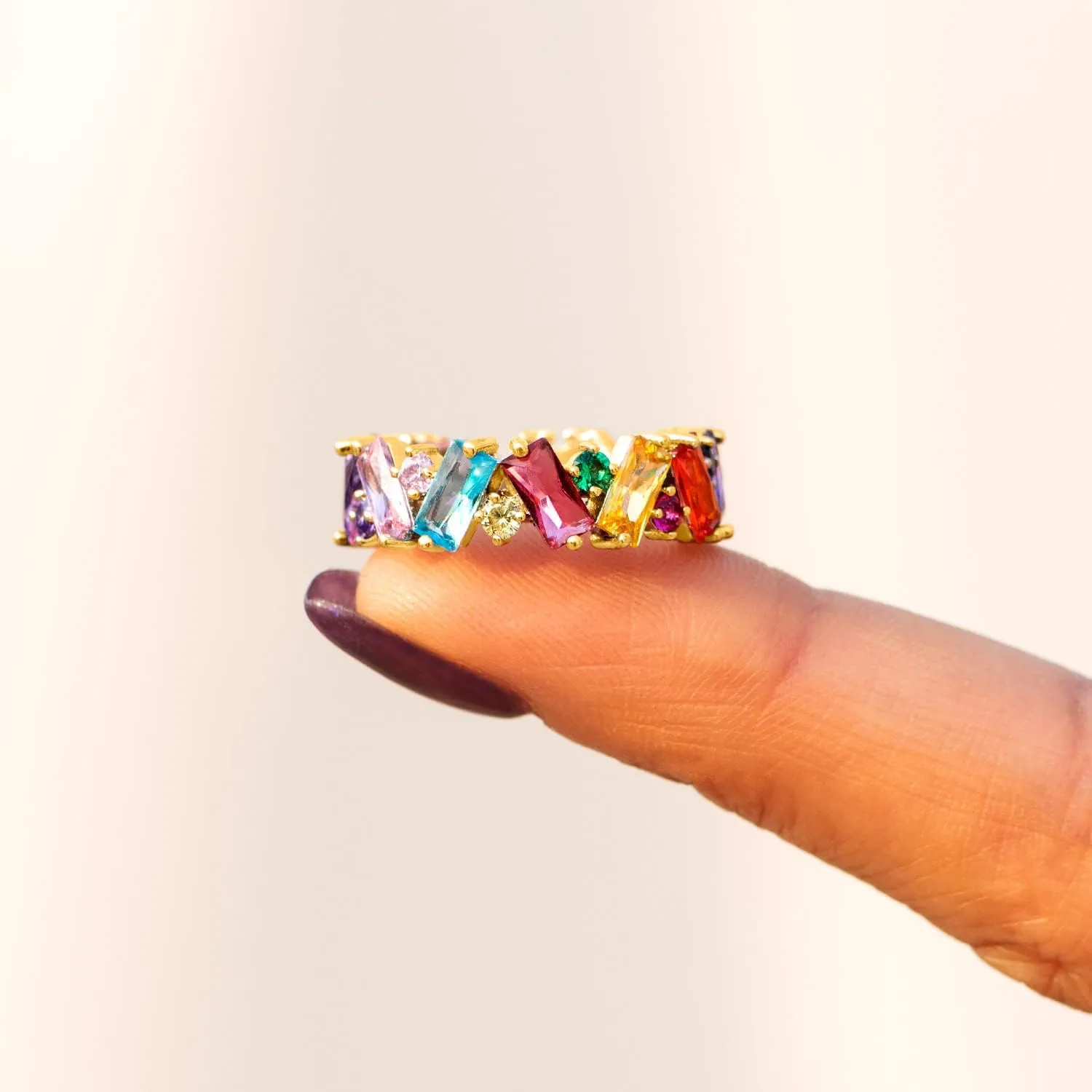 STORYJEWELLERY Rainbow Ring, Colorful Baguette Ring, Eternity Band Rings for Women, Cubic Zirconia Emerald Cut Rings, Rainbow Jewelry, Fashion Gifts for Women