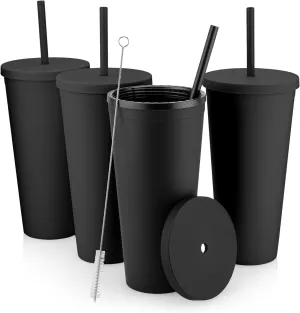 STRATA CUPS Classic Black Tumblers with Lids (4 pack) - 22oz Colored Acrylic Cups with Lids and Straws, Double Wall Matte Plastic Bulk Tumblers With FREE Straw Cleaner! Vinyl Customizable DIY Gifts