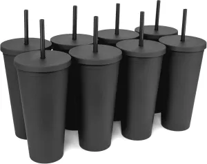 STRATA CUPS Classic Black Tumblers with Lids (8 pack) - 22oz Colored Acrylic Cups with Lids and Straws, Double Wall Matte Plastic Bulk Tumblers With FREE Straw Cleaner! Customizable DIY Gifts