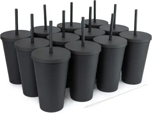 STRATA CUPS Classsic Black Tumblers with Lids (12 pack) - 16oz Colored Acrylic Cups with Lids and Straws | Double Wall Matte Plastic Bulk Tumblers With FREE Straw Cleaner! Customizable DIY Gifts