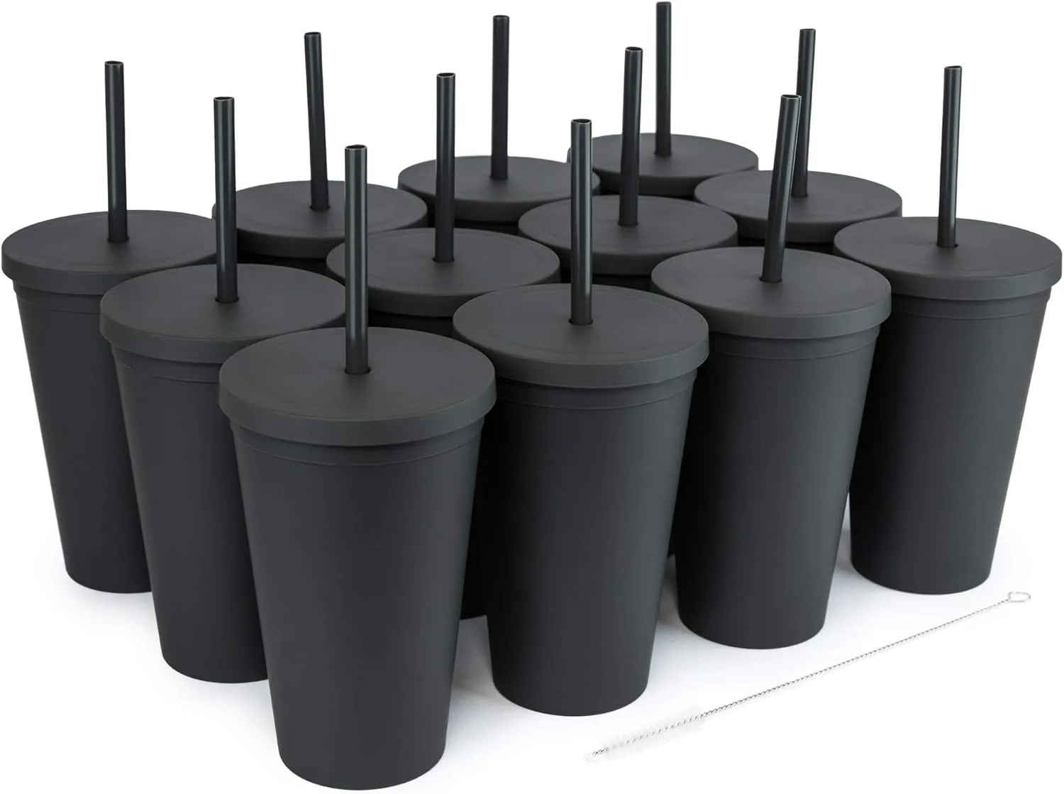 STRATA CUPS Classsic Black Tumblers with Lids (12 pack) - 16oz Colored Acrylic Cups with Lids and Straws | Double Wall Matte Plastic Bulk Tumblers With FREE Straw Cleaner! Customizable DIY Gifts